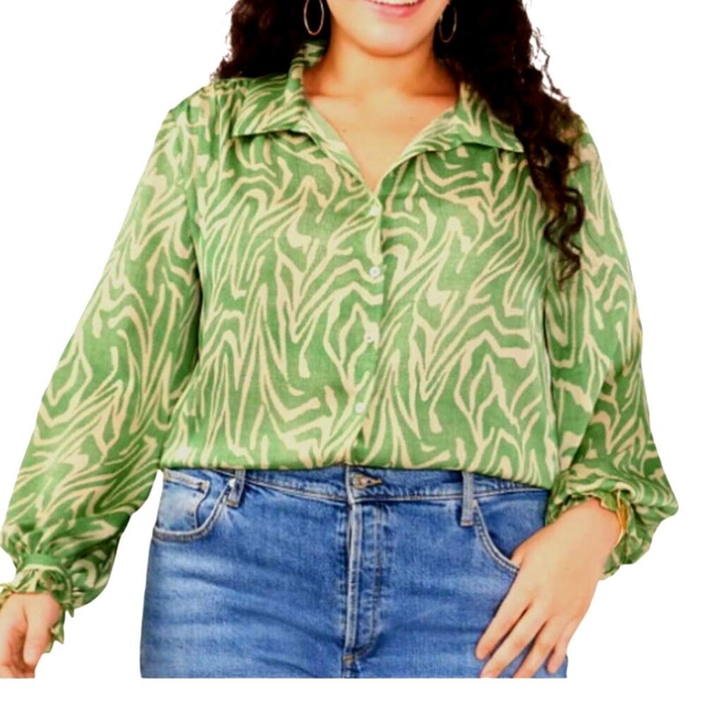 Vince Camuto Abstract Zebra Print Blouse Ruffle Top | Plus 3X, Green Cream NEW - Picture 1 of 14